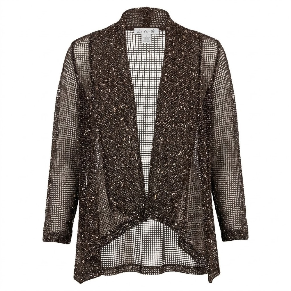 Lulu-B Metallic Black Knit Open Cardigan Shimmer Draped Mesh Cover Up OS Lux
